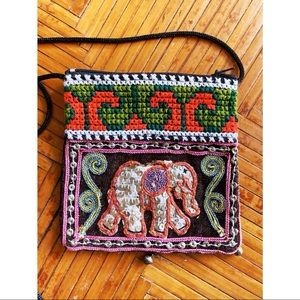 Small vintage embroidered elephant crossbody bag bohemian purse